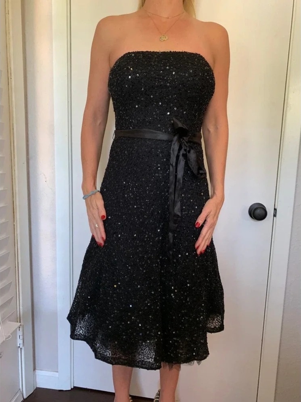 Strapless Moda Iternational Black Bead Sequin A-Line Evening Gown Cocktail Dress